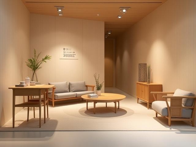 Yūgure Kagu ショールームの内観、温かい照明のモダンな家具