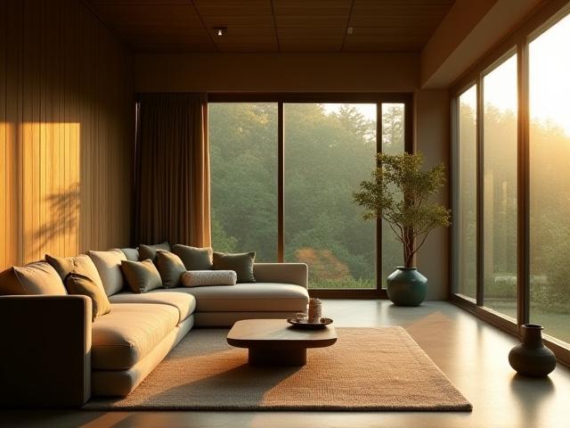 Yūgure Kagu ショールームの落ち着いた雰囲気、ミニマリストデザインのソファとテーブル