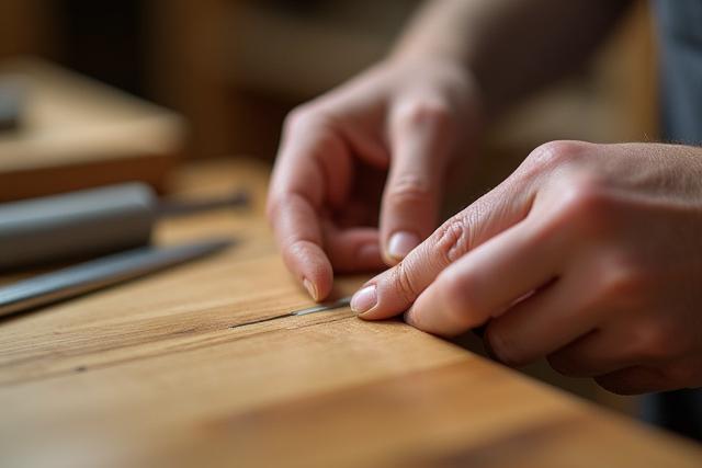 熟練の職人が精巧な木製家具の接合部を丁寧に仕上げているクローズアップ