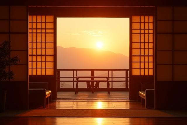 日本の伝統的な家屋の縁側から夕焼けを眺める情景、木製の家具が柔らかな光に包まれている