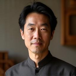 Yūgure Kaguのリードデザイナー、佐藤健司のポートレート。穏やかな表情で、日本の伝統美と現代デザインを融合した家具を作ることを哲学としている