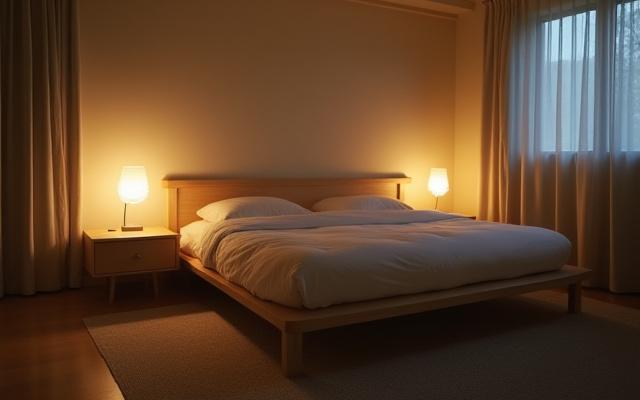 Yūgure Kaguのベッドサイドテーブルと間接照明のある寝室