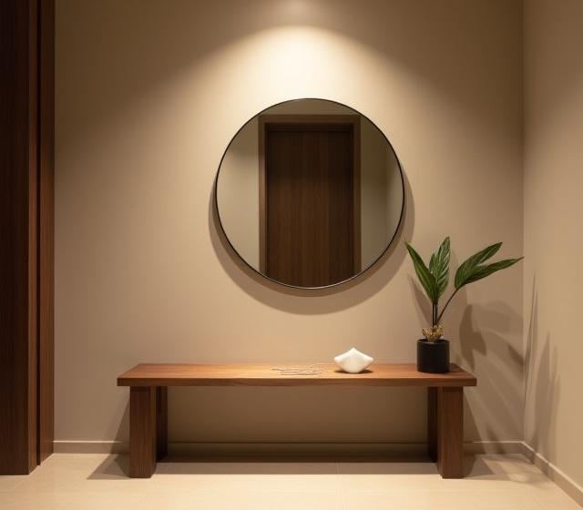 Yūgure Kaguのベンチとミラーを配した洗練された玄関