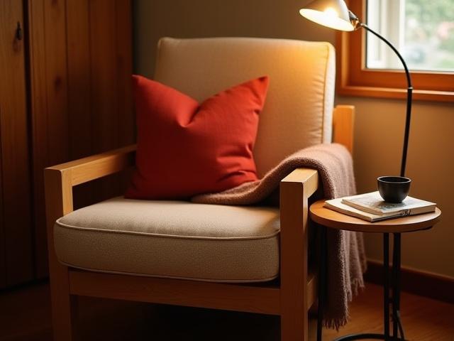 Yūgure Kaguのアームチェアとサイドテーブルがある居心地の良い読書スペース